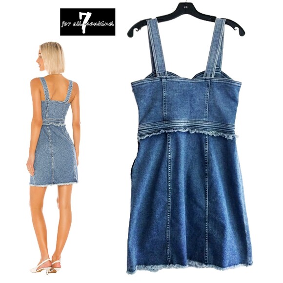 7 For All Mankind NEW Western MUSE Sweetheart Neck Frayed Fitted Denim Dress S - Picture 8 of 12